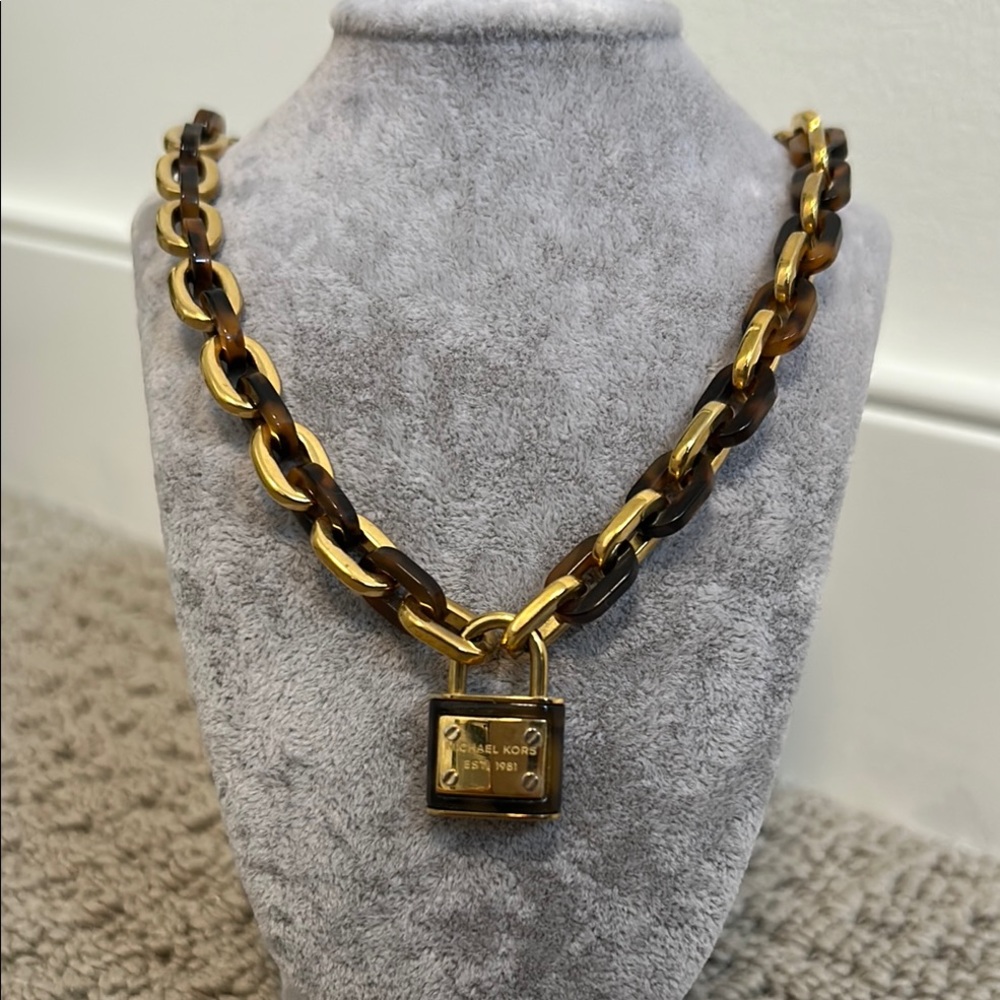 Michael Kors Gold and Brown Chain Necklace with Lock Pendant